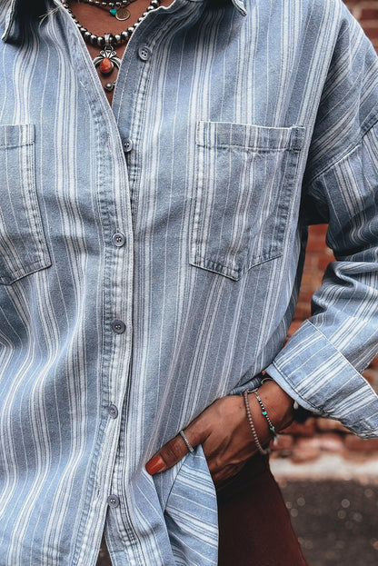 Sky Blue Stripe Boyfriend Chest Pocket Classic Denim Shacket