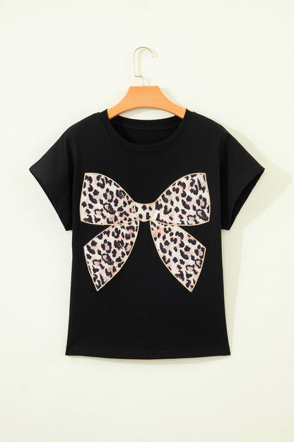Camiseta de algodón con cuello redondo, lazo de leopardo negro bordado