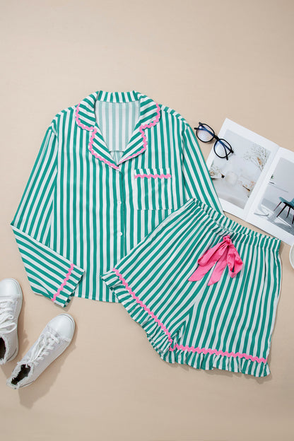 Conjunto de pijama de camiseta de manga larga y pantalón corto fruncido con cordón, ribete de ricrac en contraste de raya verde
