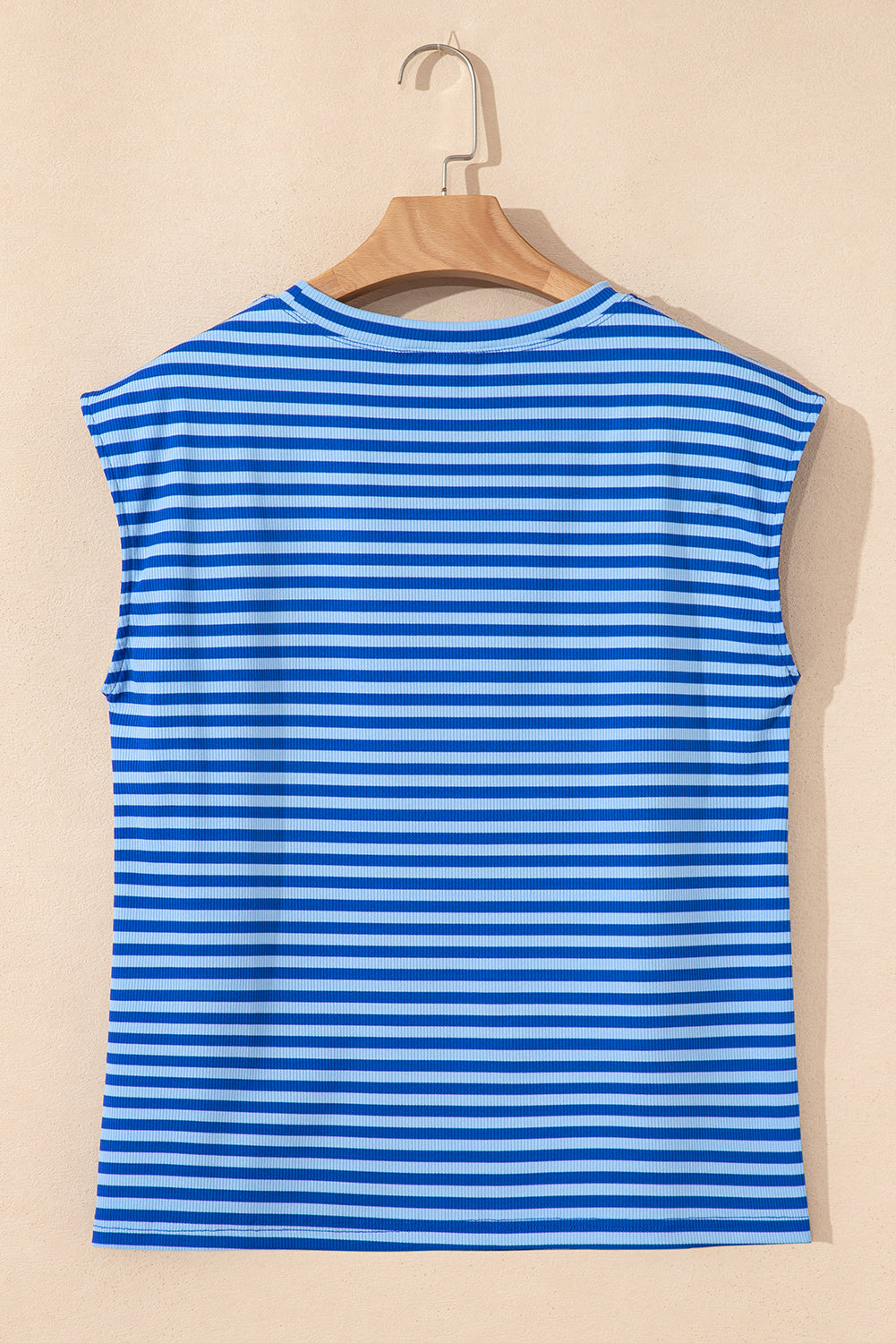 Sky Blue Stripe Ribbed Cap Sleeve Round Neck T Shirt - Snoopy's Closet
