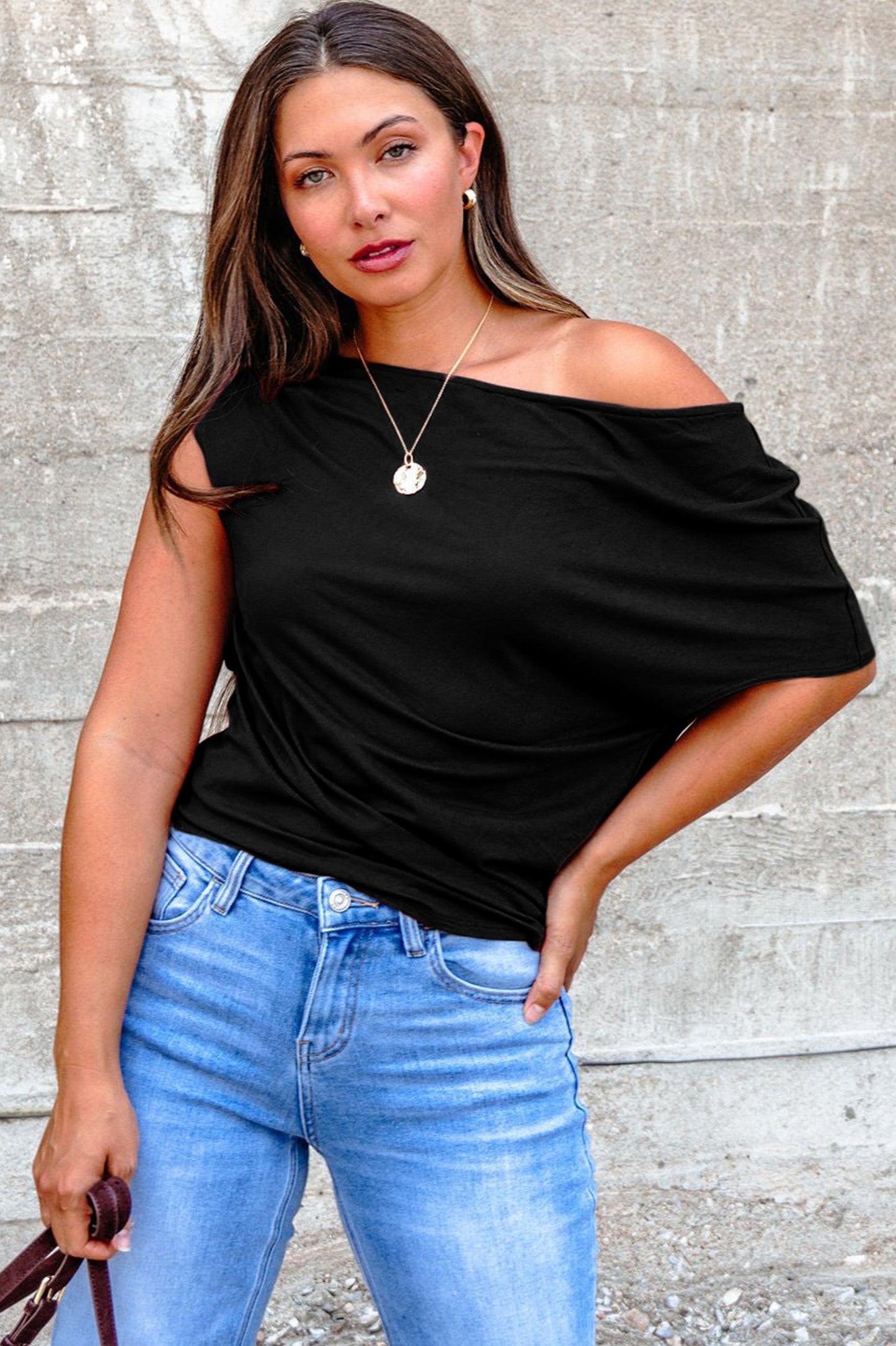 Black Plus Size Solid Color Asymmetric Neck Short Sleeve Blouse - Snoopy's Closet
