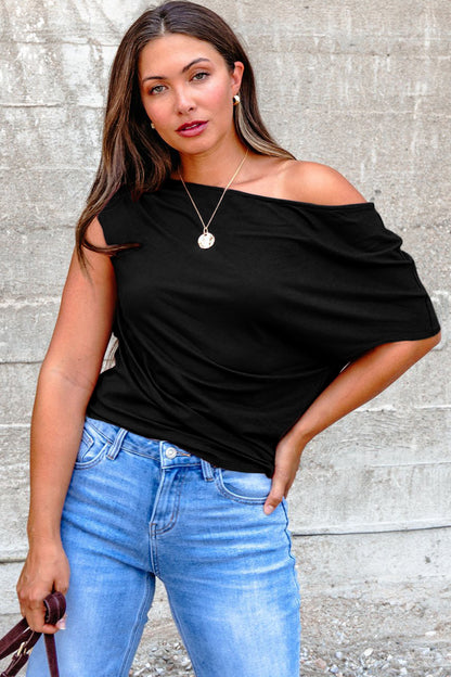 Black Plus Size Solid Color Asymmetric Neck Short Sleeve Blouse - Snoopy's Closet