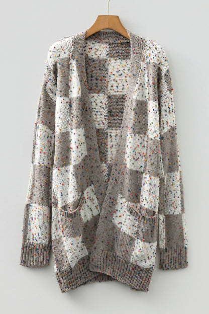 Brown Confetti Dot Checkered Print Open Cardigan with Pockets - Snoopy's Closet