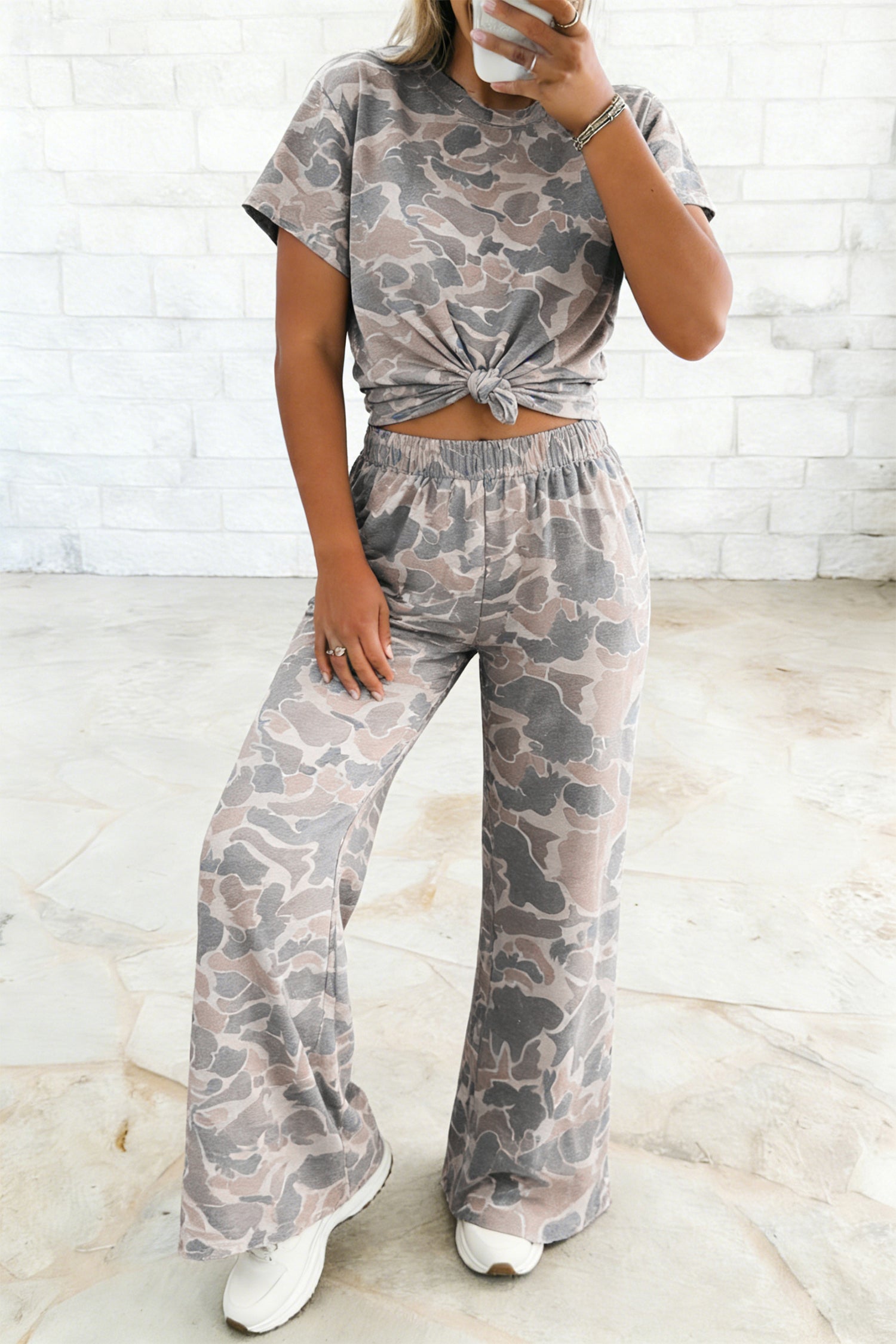 Multicolour Camouflage Short Sleeve Top and High Waist Wide Leg Pants Set