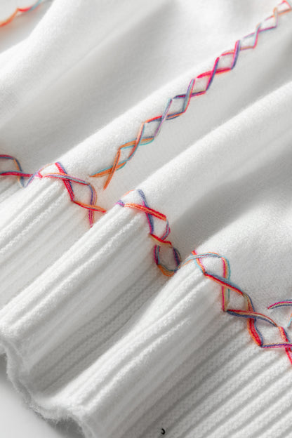 White Rainbow Stitching Balloon Sleeve Relaxed Sweater - Snoopy's Closet