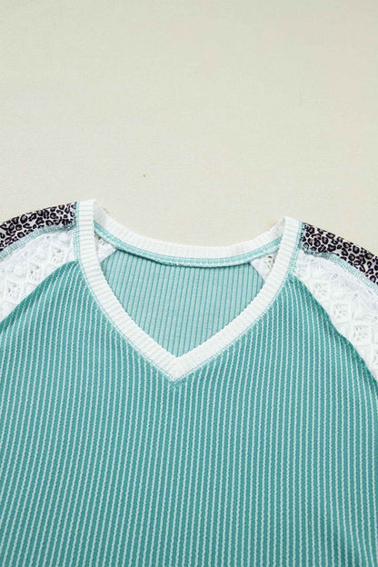 Green Bay Color Block Lace Leopard Patchwork Twisted Ribbed Tee