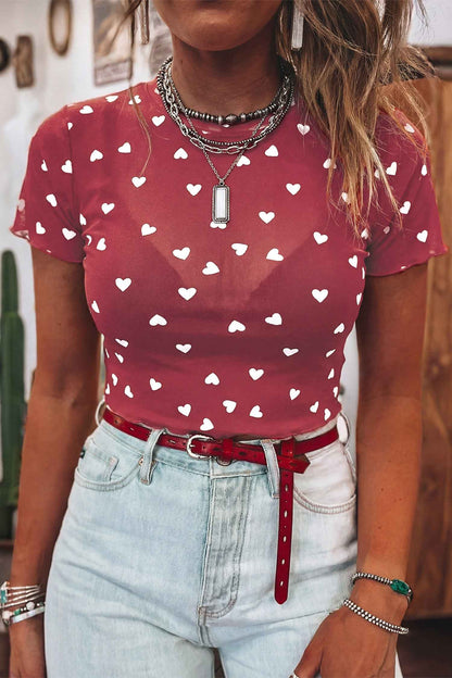 Pink Allover Heart Print Mesh Short Sleeve Top