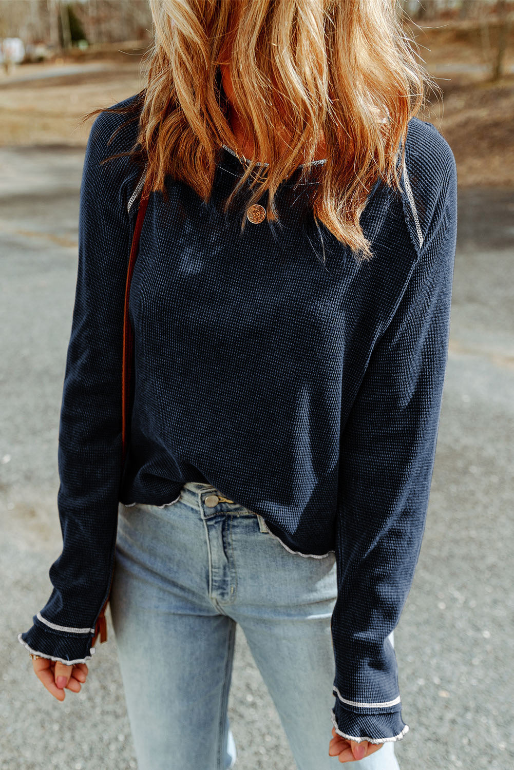 Blue Textured Round Neck Long Sleeve Top - Snoopy's Closet
