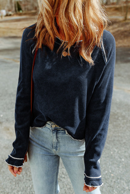 Blue Textured Round Neck Long Sleeve Top - Snoopy's Closet