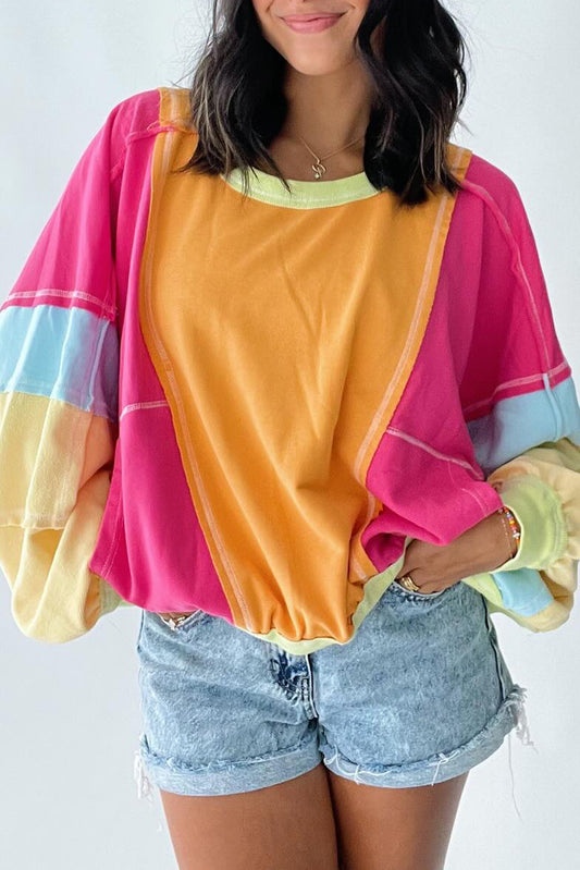 Sudadera Talla Grande Costura Vista Colorblock Patchwork Rojo Rosado