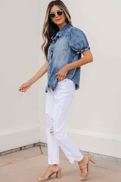 Beau Blue Frilled Short Sleeve Snap Button Denim Shirt