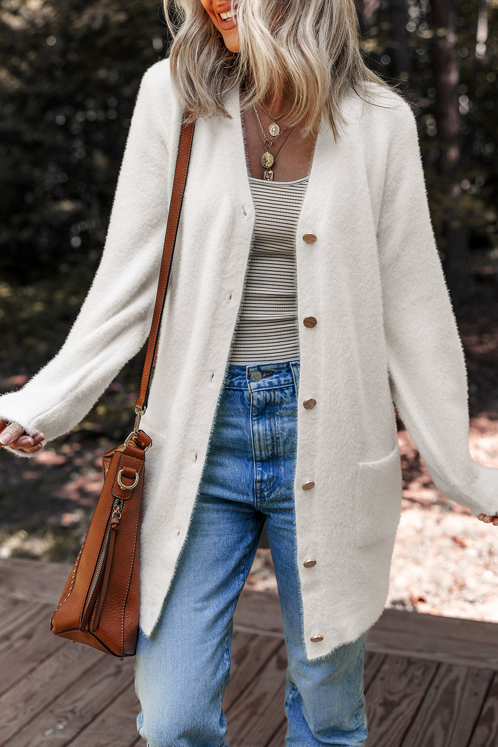 White Fuzzy Buttoned Front Midi Solid Cardigan - Snoopy's Closet