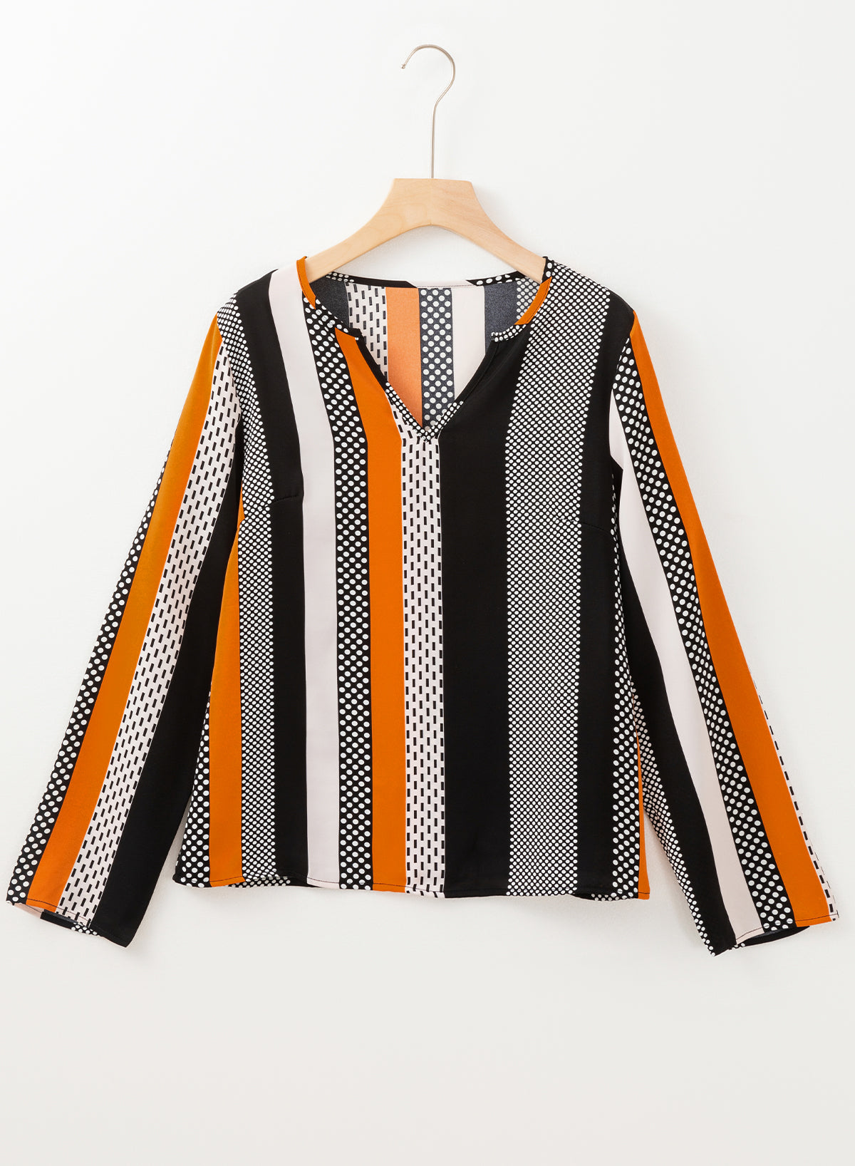 Orange Geo Print Colorblock Notched V Neck Blouse - Snoopy's Closet