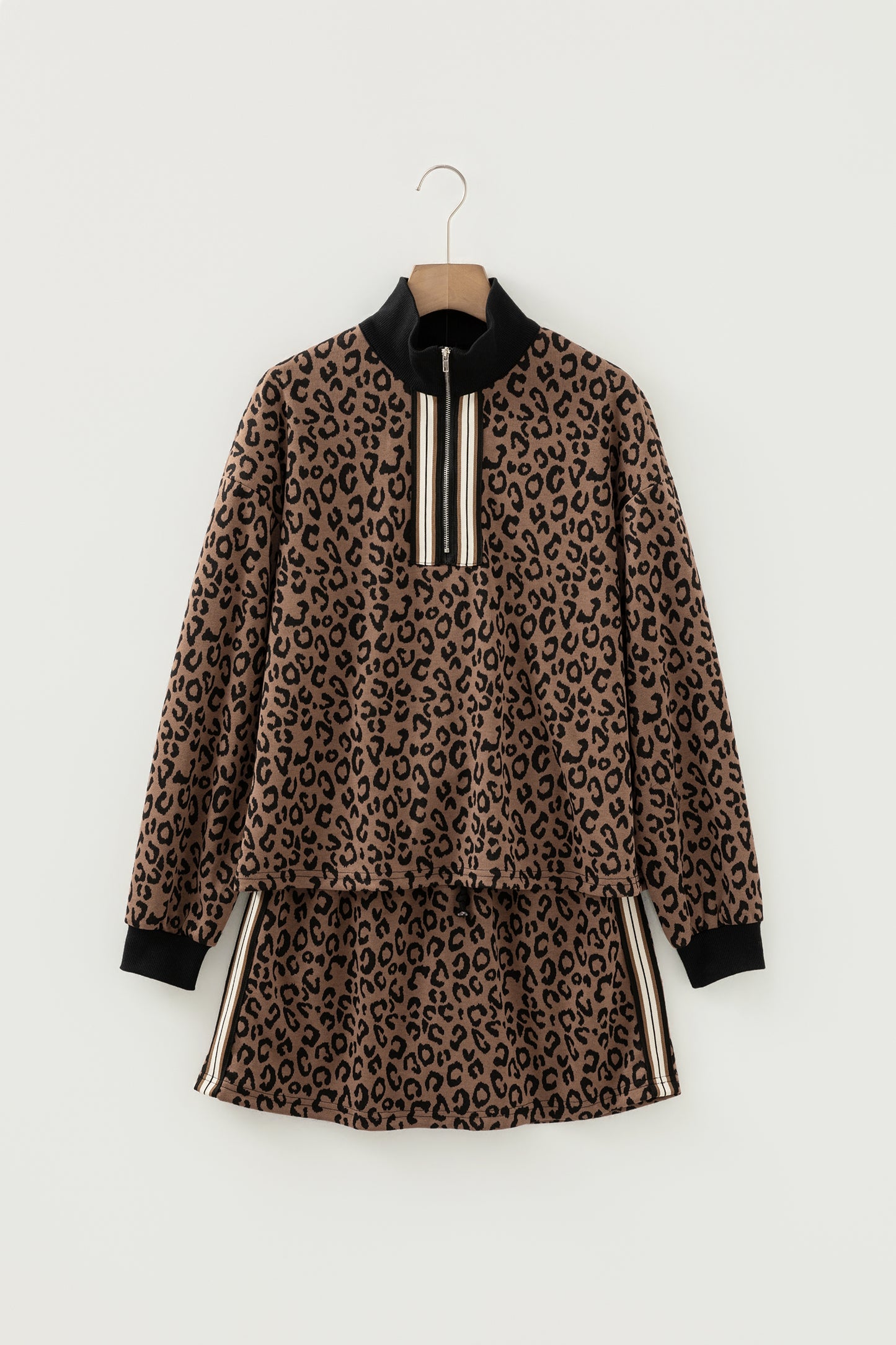 Khaki Leopard Print Quarter Zip Long Sleeve Top Mini Skirt Set - Snoopy's Closet