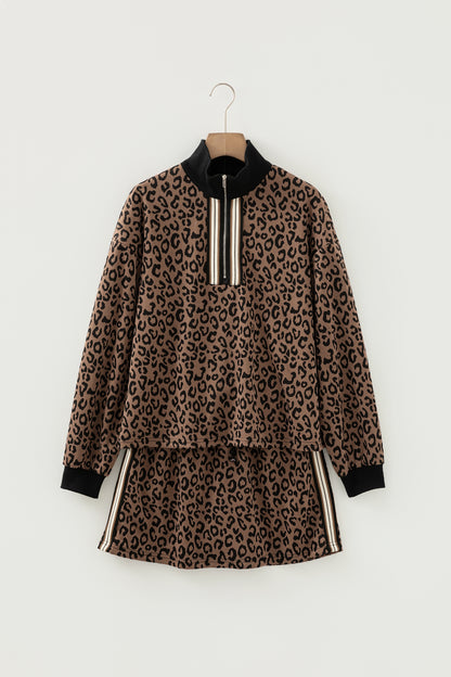 Khaki Leopard Print Quarter Zip Long Sleeve Top Mini Skirt Set - Snoopy's Closet