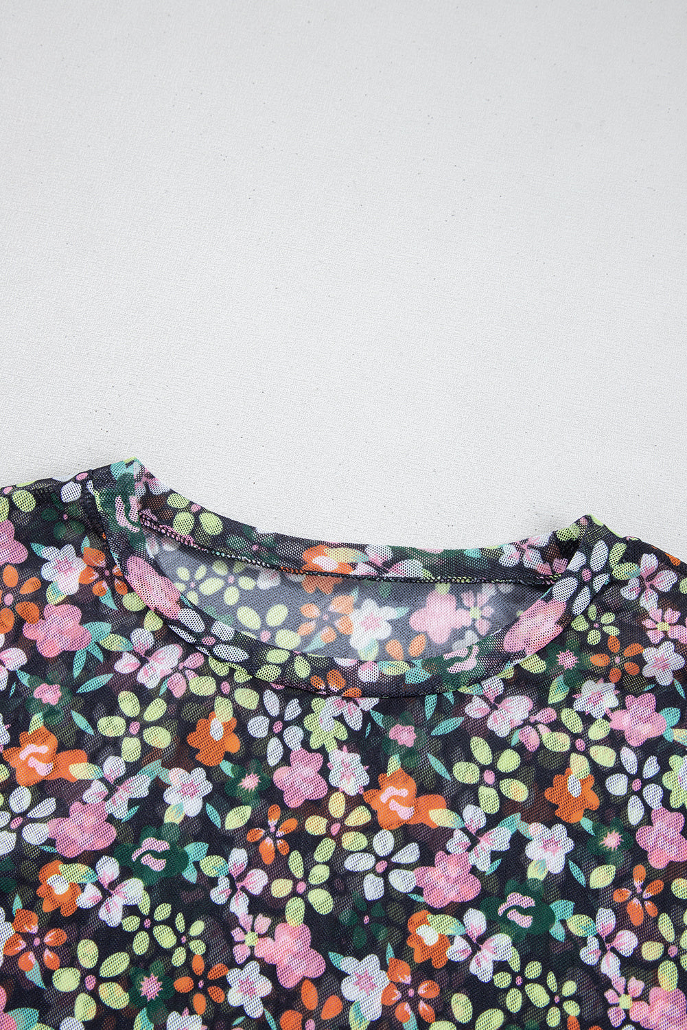 Black Sheer Floral Mesh Round Neck T Shirt - Snoopy's Closet