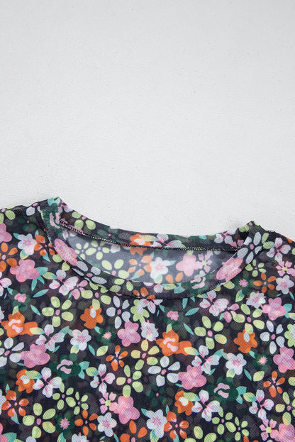 Black Sheer Floral Mesh Round Neck T Shirt - Snoopy's Closet