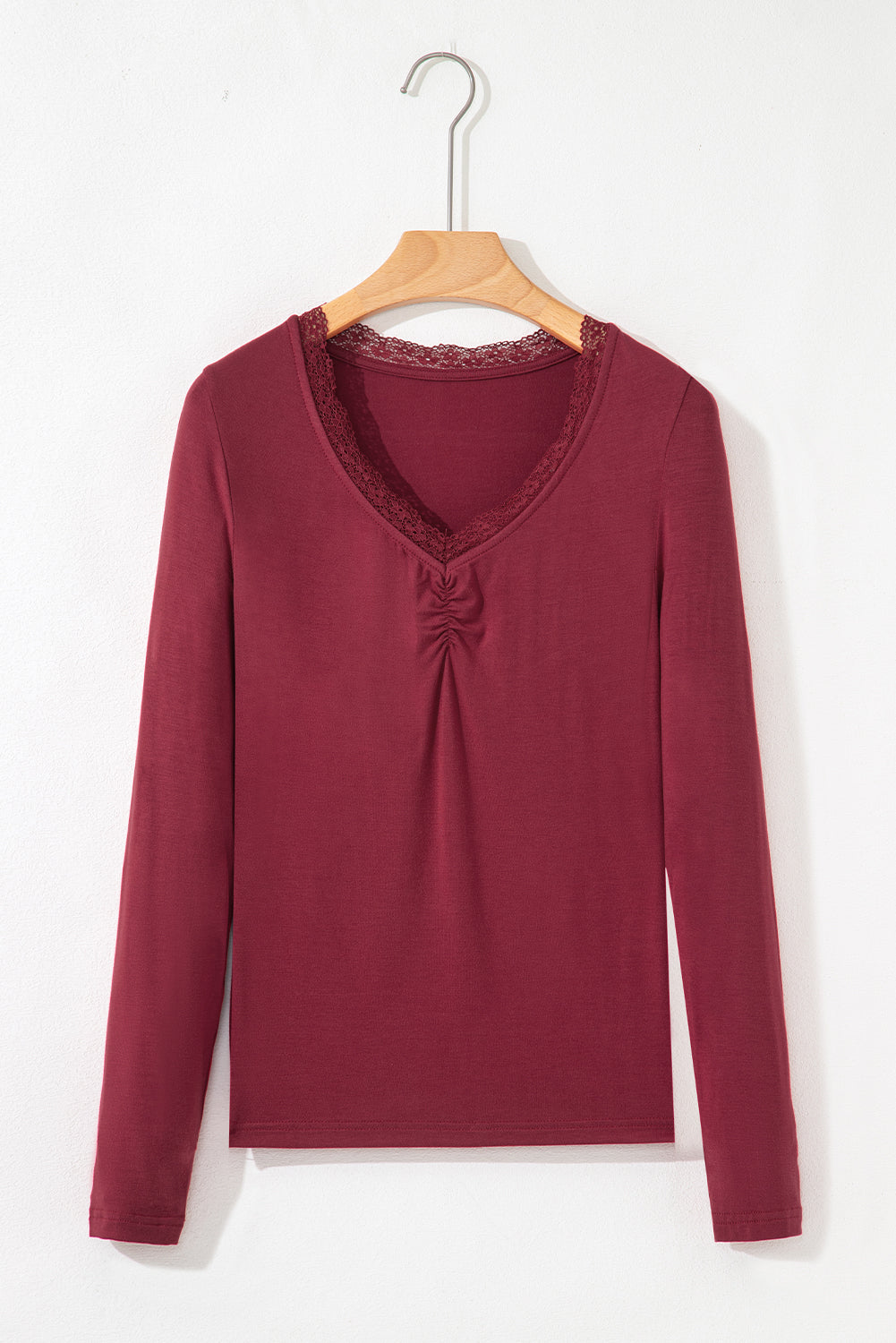 Red Dahlia Lace-trimmed Sweetheart Neckline Ruched Detail Long Sleeve T-shirt - Snoopy's Closet