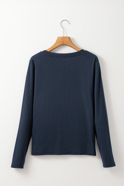 Dirty blue Notch V Neck Pocket Patched Long Sleeve T Shirt - Snoopy's Closet