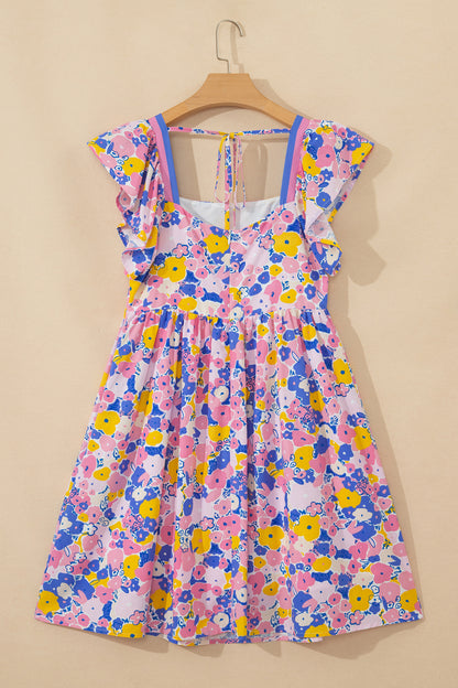 Minivestido suelto con estampado floral multicolor, manga con volante y cuello cuadrado con ribete a rayas