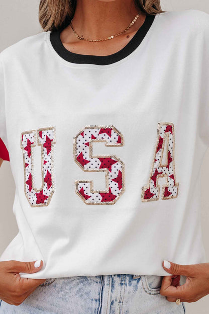 White USA Sequin Color Block Trim Loose T Shirt