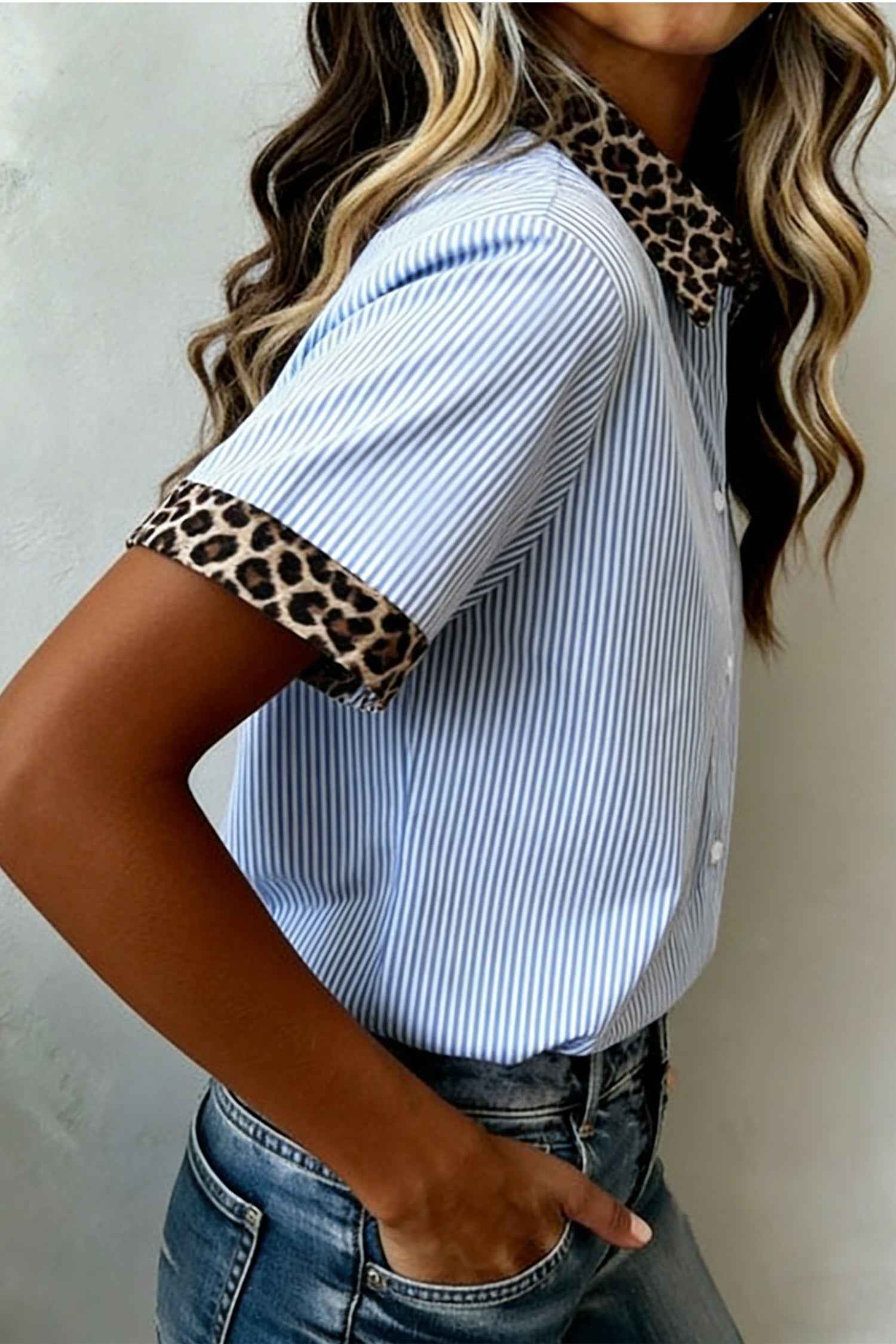 Green Stripe Leopard Contrast Collar Short Sleeve Shirt