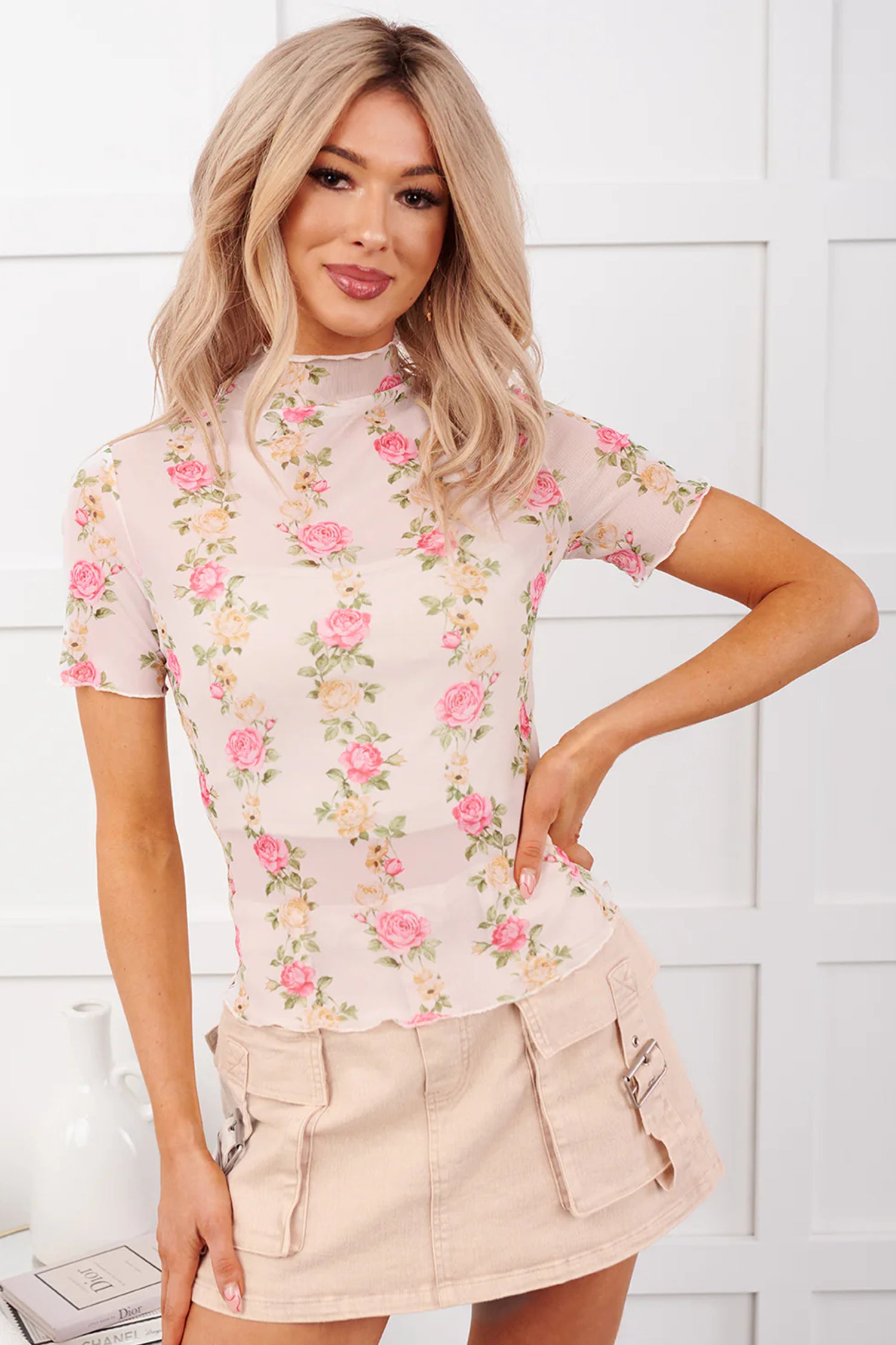 Beige Floral Print Mock Neck Short Sleeve Mesh Top - Snoopy's Closet