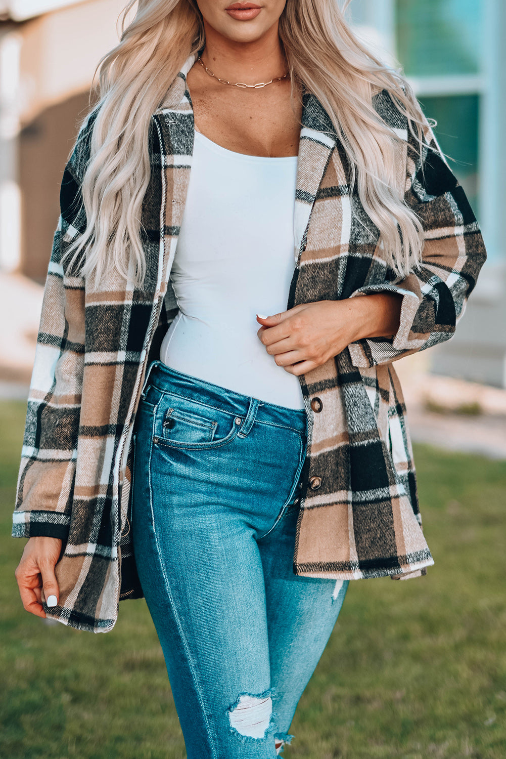 Chaqueta camisera abotonada con estampado de cuadros