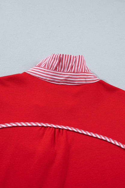 Sky Blue Striped Frilled Collar Short Sleeve Blouse