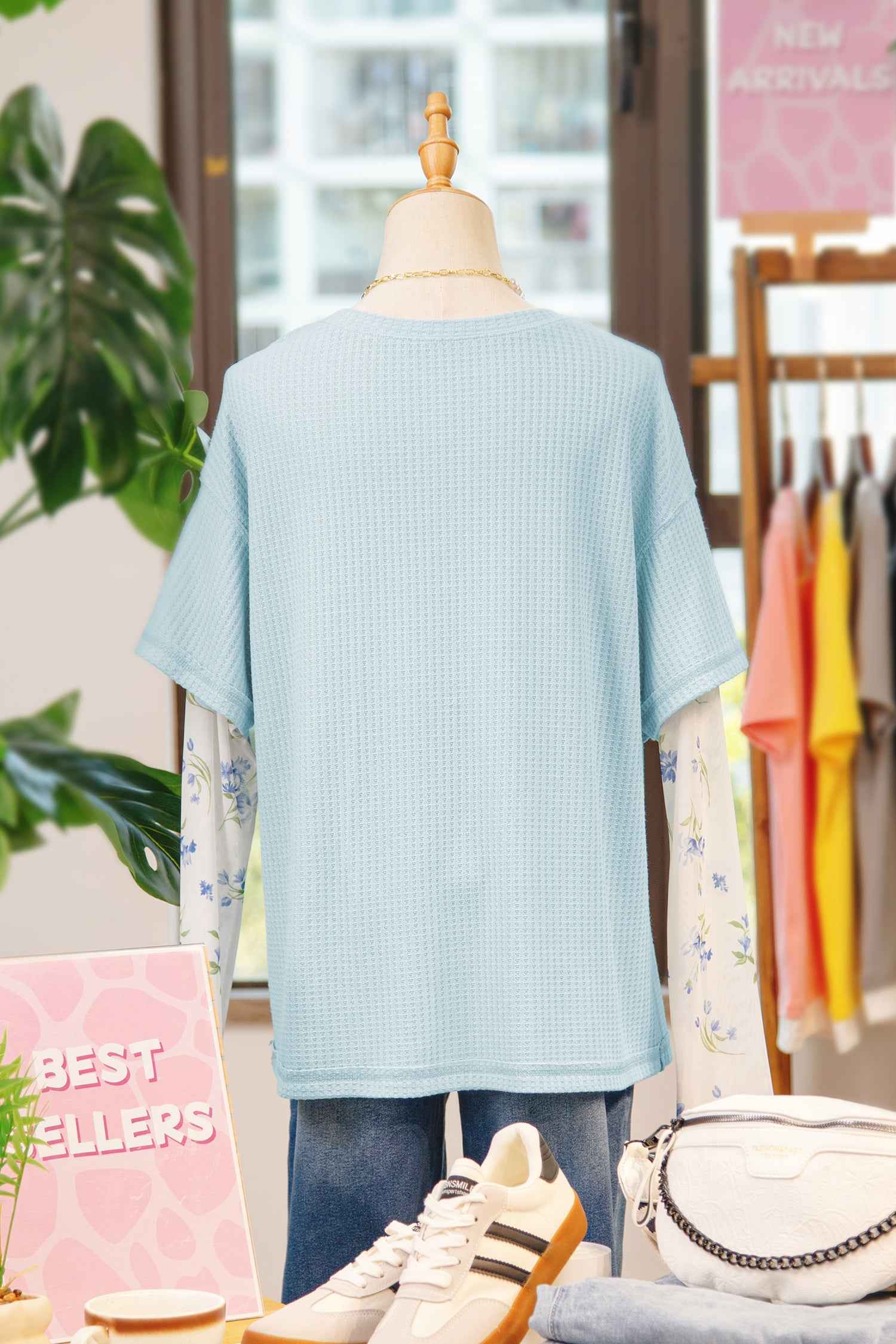 Beau Blue Floral Lace Sleeve Patchwork Waffle Fake Two-piece Top