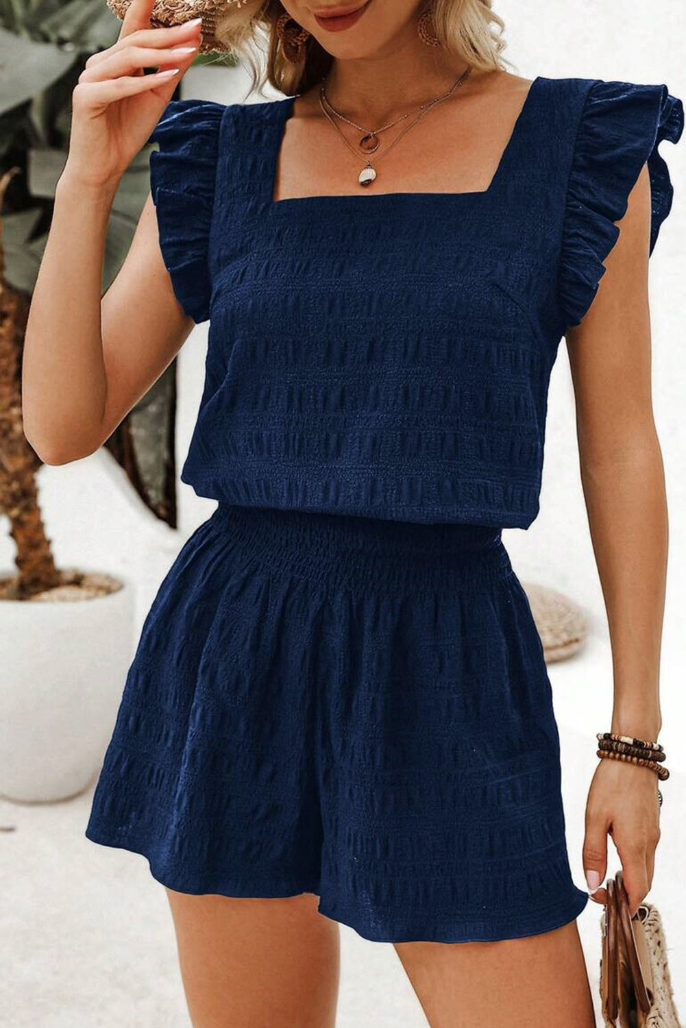 Dirty blue Textured Square Neck Top and Shirred High Waist Shorts Set - Snoopy's Closet