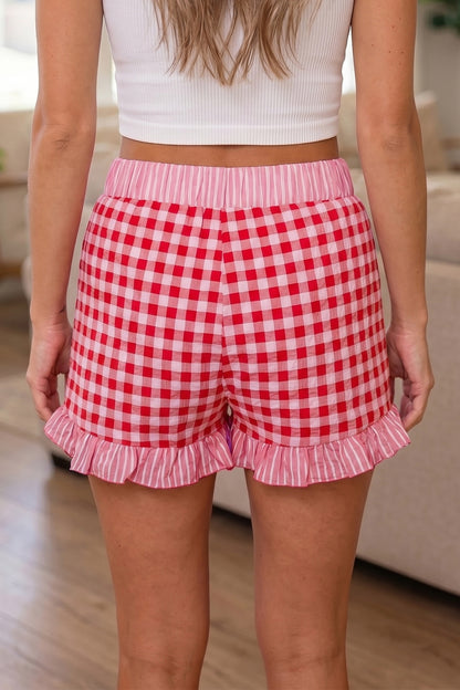 Red Gingham Print Ruffle Striped Detail Lace Tie Shorts - Snoopy's Closet