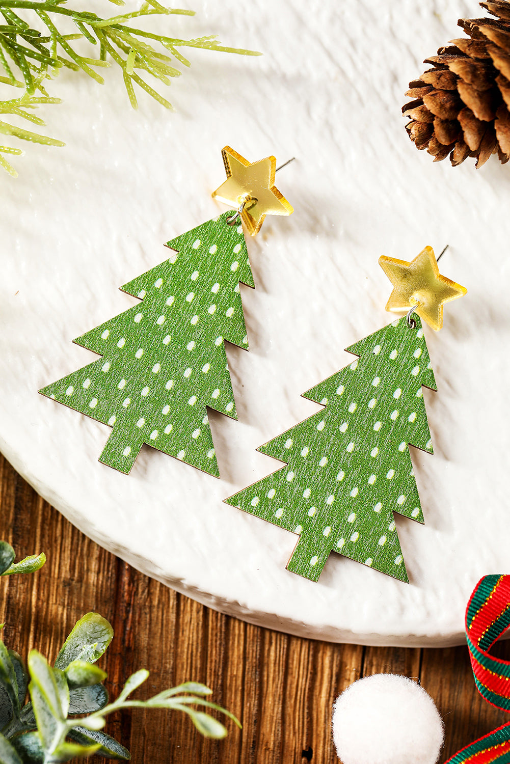 Green Polka Dot Print Christmas Dangle Earrings - Snoopy's Closet