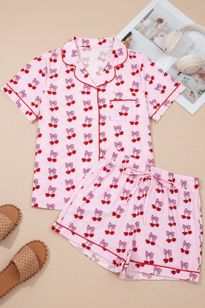 Pijama corto con estampado de cerezas/lazos rosas