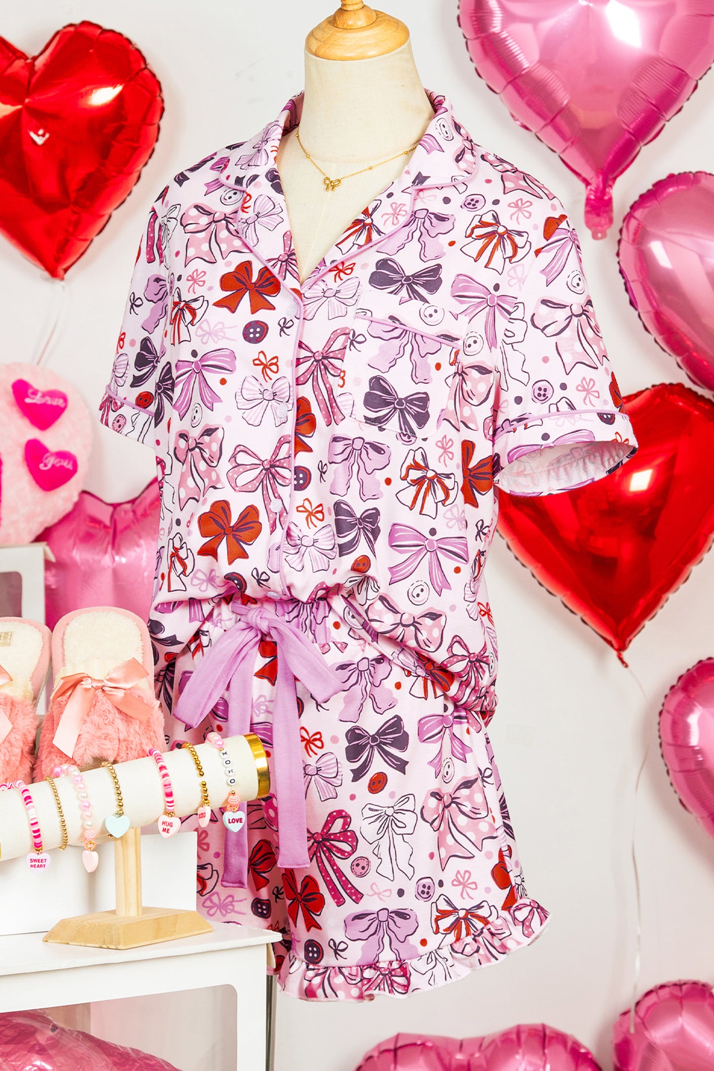 Pink Cute Ribbon Bows Printed 2pcs Short Pajama Set - Snoopy's Closet
