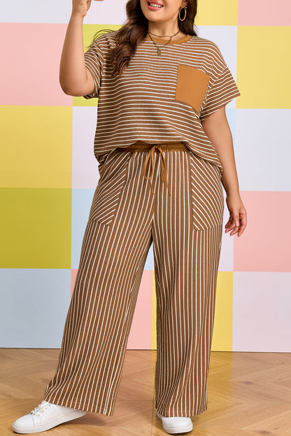 Conjunto de descanso de talla grande a rayas caqui con bloques de color y bolsillos