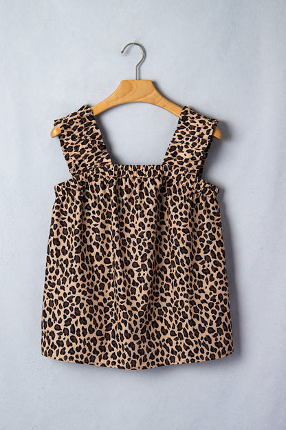 Brown Leopard Print Frilled Square Neck Tank Top - Snoopy's Closet