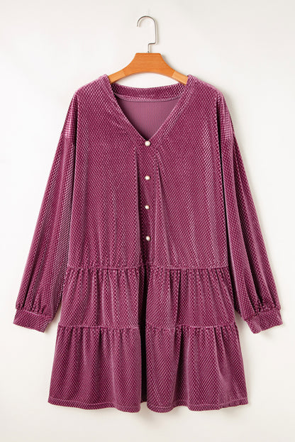 Vestido de Terciopelo Texturizado con Botones y Volantes Talla Grande Color Malva Prado