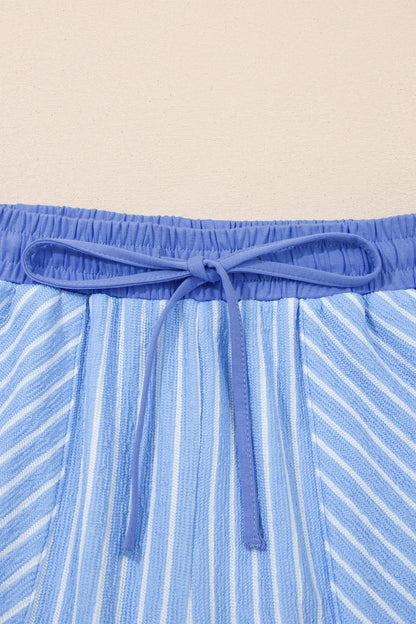 Sky Blue Stripe Crew Neck Tee Drawstring Waist Cropped Pants Set - Snoopy's Closet