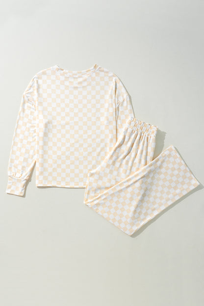 Beige Checkered Print Long Sleeve Top and Pants Lounge Set - Snoopy's Closet