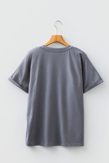 Camiseta con cuello redondo y estampado de girasol con diseño de bandera gris
