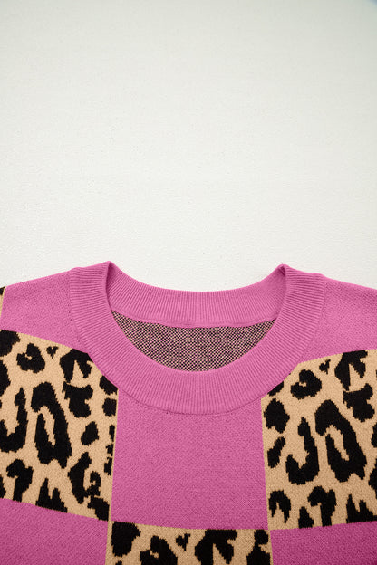 Suéter de punto de manga corta a cuadros leopardo rojo rosa