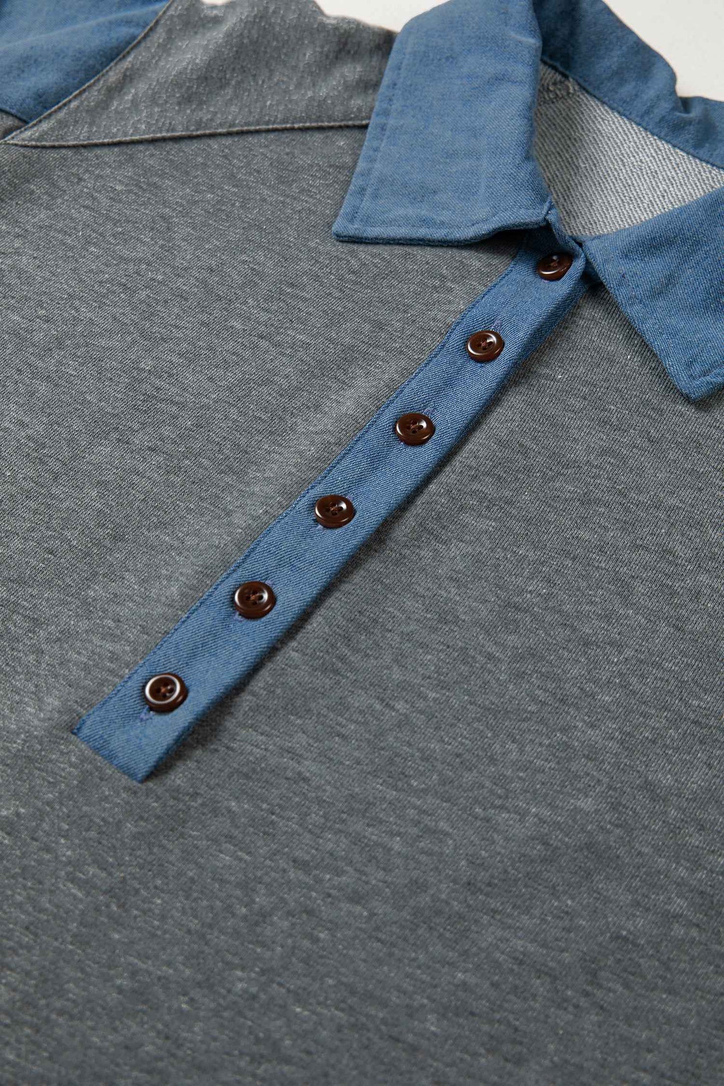 Carbon Grey Denim Color Block Patchwork Shirt Collar Short Sleeve Blouse