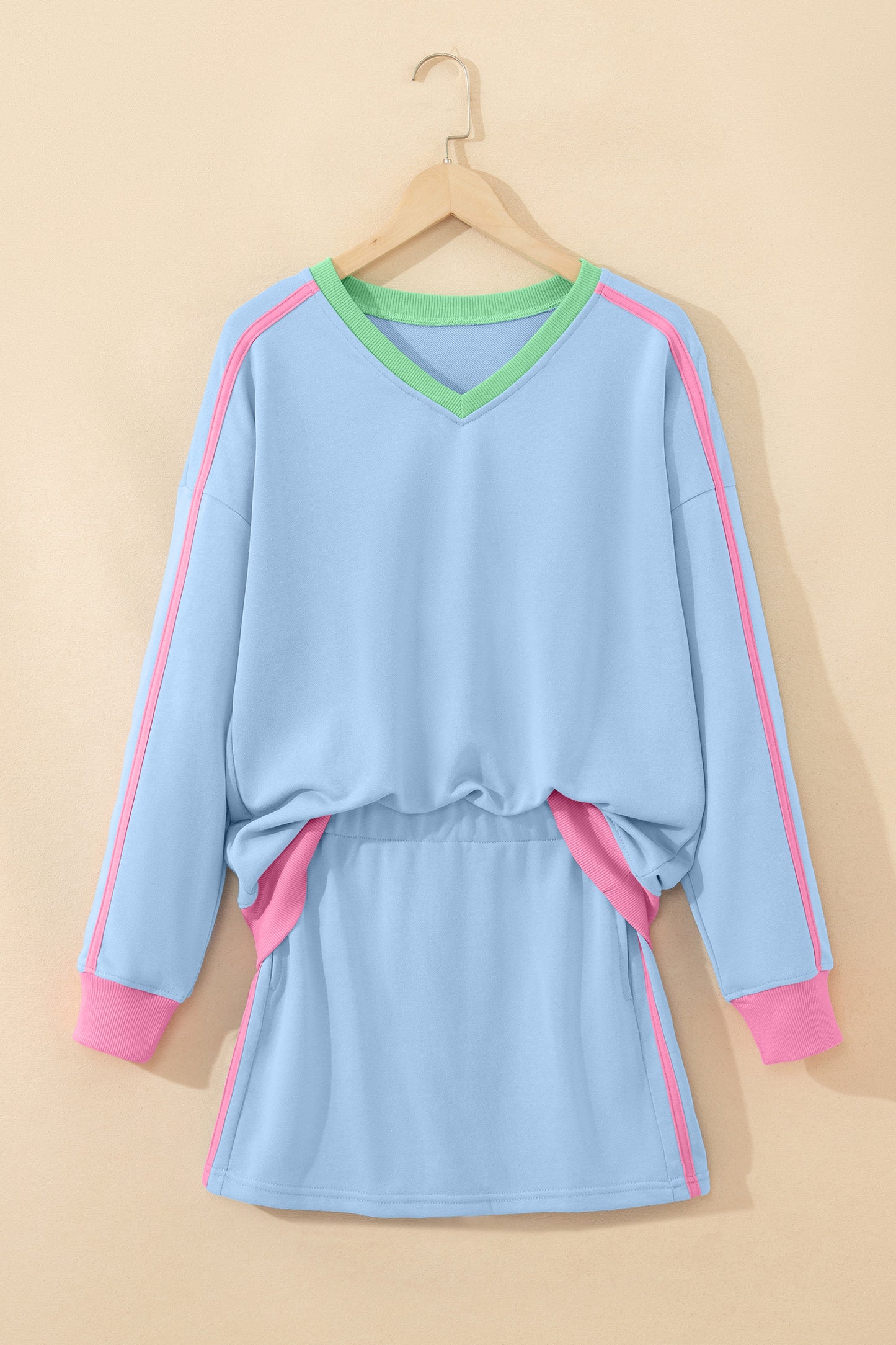 Sky Blue Ribbed Colorblock Trim V Neck Sporty Pullover Mini Skort 2pcs Athleisure Set - Snoopy's Closet