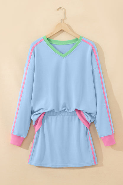 Sky Blue Ribbed Colorblock Trim V Neck Sporty Pullover Mini Skort 2pcs Athleisure Set - Snoopy's Closet