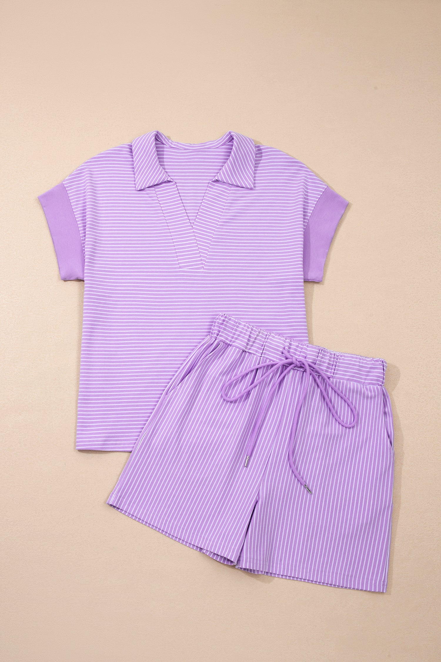 Pink Stripe Dolman Sleeve Polo Shirt and Drawstring Shorts Set - Snoopy's Closet