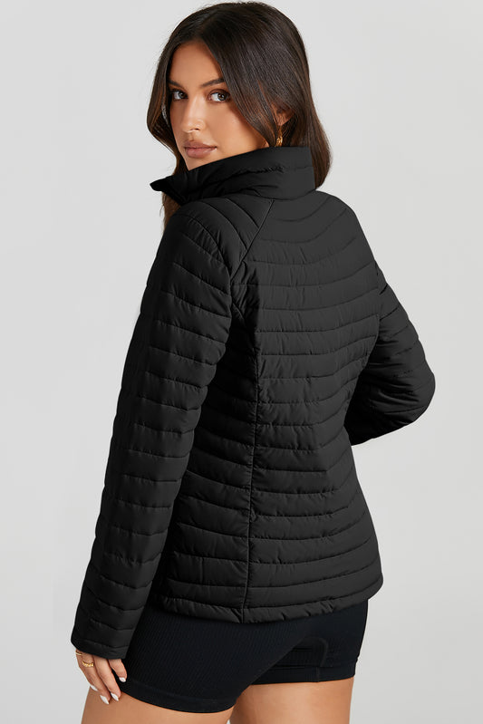Black Solid Color Quilted Zip-up Puffer Jacket - Snoopy's Closet