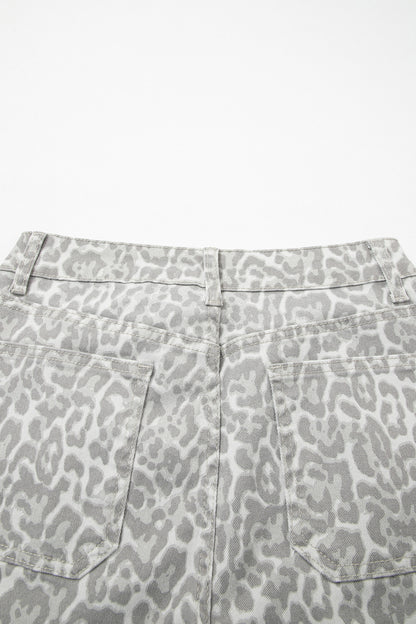 Gray Leopard Frayed Edge Wide Leg High Waist Jeans
