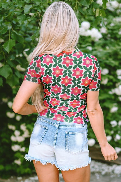 Fiery Red Retro Floral Print Crew Neck T Shirt - Snoopy's Closet