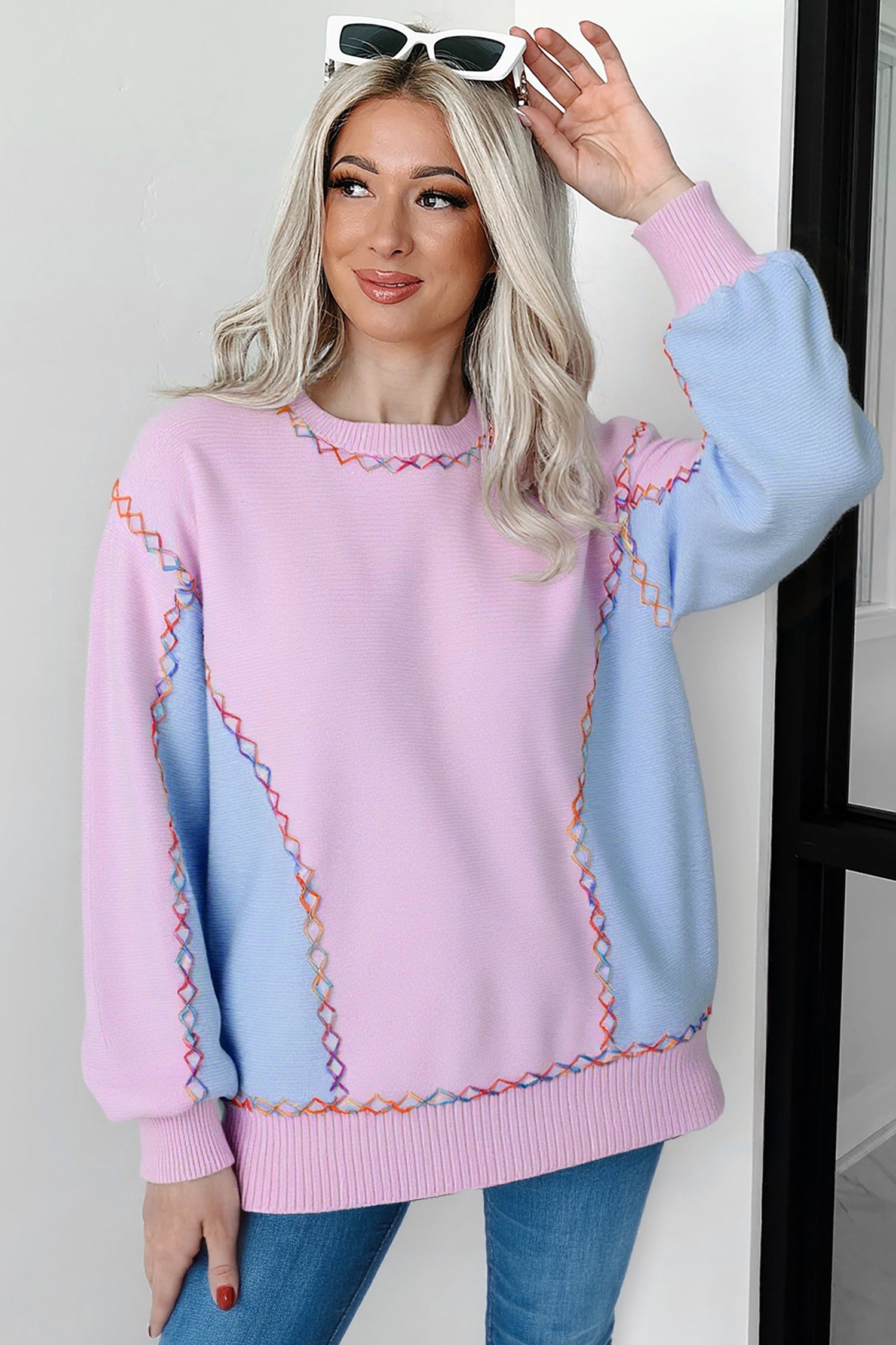 Orchid Bouquet Rainbow Stitching Balloon Sleeve Relaxed Sweater - Snoopy's Closet